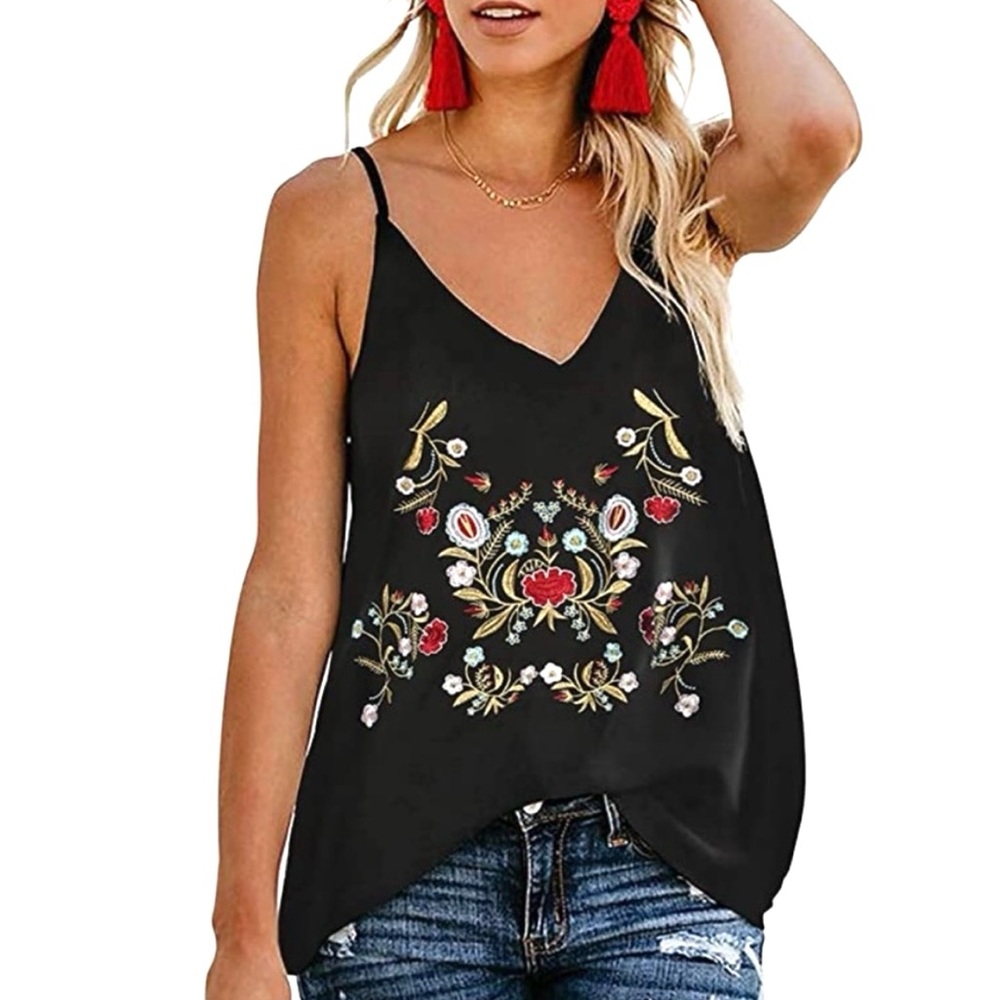 Tecrew Boho Embroidered Floral V Neck Spaghetti Strap Slip/cami Top